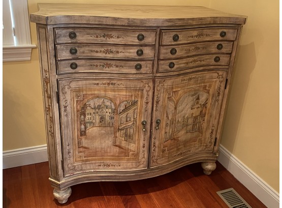 Painted Sideboard With Italian Scene - 6 Drawer, 2 Door - Distressed Paint