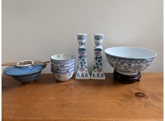 Collection Of 10 Asian Ceramic Pieces  - Candlesticks, Bowls And Handmade Rice Bowl With Chopsticks