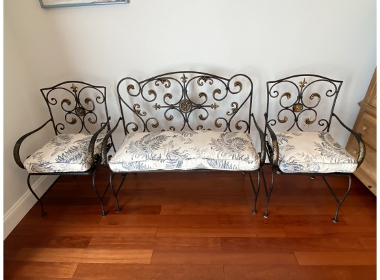 Wrought Iron Folding Bench With Cushion And 2 Folding Chairs - Bombay  - Blue And White Print Cushions