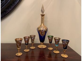 Set Of 6 Vintage Venetian Painted Glasses With Gold Detail - Multicolor - With Decanter