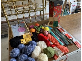 Lot Of Knitting Items -  Cream Bucilla Melody Yarn, 7 Blue, 1 Green, 1 Black, Needles, Hooks