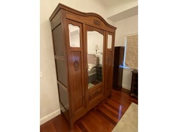 Antique Oak Armoire With Mirrored Door - Open Interior With 1 Shelf - Carved Detail