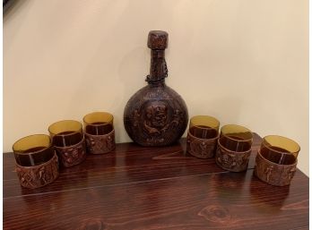 Set Of Drinking Glasses And Decanter In Carved Leather  - From Spain