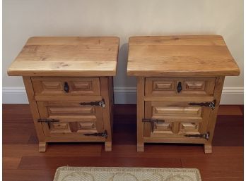 Pair Of Heavy Wood Bedside Tables With Iron Hardware