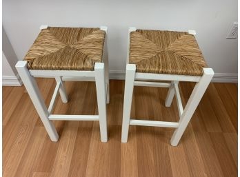 Pair Of White Bar Stools With Rush Seats