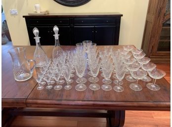 Set Of Vintage Etched Glasses With 2 Decanters And Water Pitcher
