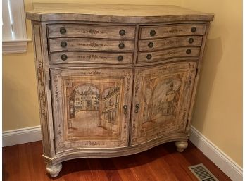 Painted Sideboard With Italian Scene - 6 Drawer, 2 Door - Distressed Paint