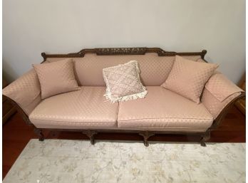 Antique French Carved Wood Detail Sofa With Blush Fabric