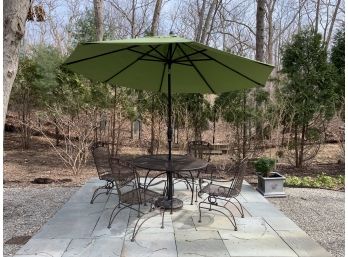 Round Wrought Iron Patio Table And 4 Arm Chairs And Lime Sunbrella Umbrella