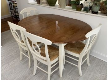 Ethan Allen Drop Leaf Table With Tapered Legs With 4 Cream Painted Chairs With Rush Seats (not Ethan Allen)
