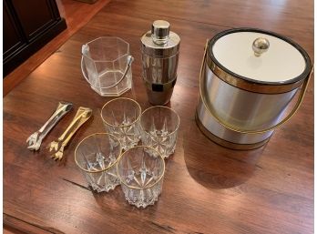 Bar Set - Gold And Silver Color With 4 Rocks Glasses With Gold Rims