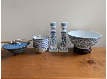 Collection Of 10 Asian Ceramic Pieces  - Candlesticks, Bowls And Handmade Rice Bowl With Chopsticks