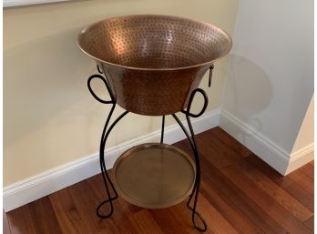Copper Ice Bucket On Wrought Iron Stand With Tray