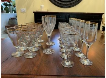 Collection Of Antique Glasses - Set Of Etched Glasses With Gold Rims And Set Of Hand Painted