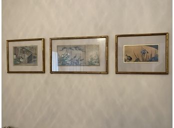Set Of 3  Framed Japanese Cards In Bamboo Frames