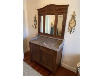 Antique Marble Top Sideboard With Mirror Top - 2 Pieces - 2 Drawers, 2 Doors