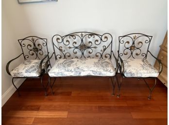 Wrought Iron Folding Bench With Cushion And 2 Folding Chairs - Bombay  - Blue And White Print Cushions