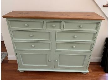 Sage Green And Natural Wood Storage Cabinet - 7 Drawers, 2 Doors