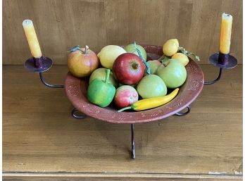 Ceramic Bowl On Stand With Wax Fruit And 2 Candles