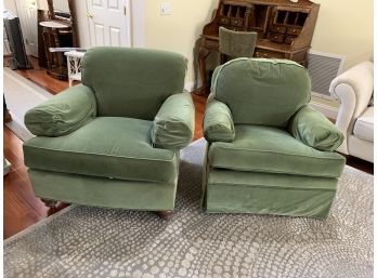 Lot:  Two Ethan Allen Arm Chairs - Green Velvet Fabric - 1 Swivel Devonshire, 1 Wood Feet Kentwood
