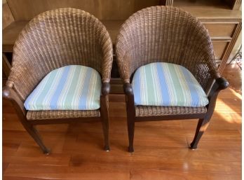 Pair Of Brown Wicker Chairs With Brown Wood Legs - 2 Cushions, 2 Pillows