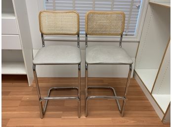 Pair Of Chrome And Cane Bar Stools (Breuer Style)
