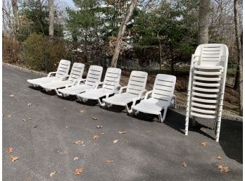6 White Resin Lounge Chairs With 10 White Resin Arm Chairs