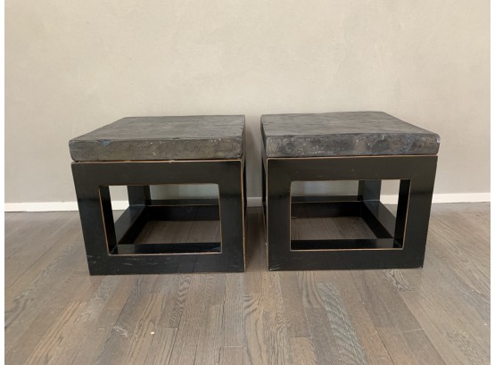 Pair Of Concrete And Dark Wood Side Tables