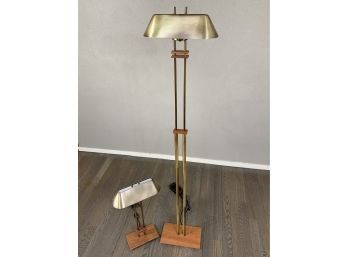 Modern Brass Standing Lamp With Slide Dimmer And Matching Table Lamp
