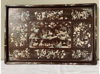 Chinese  Wood Tray With Mother Of Pearl Inlay - With Wire For Hanging