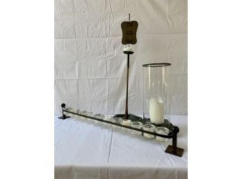Collection Of 2 Wrought Iron Candle Holders And 1 Brass Chinese Candle Holder