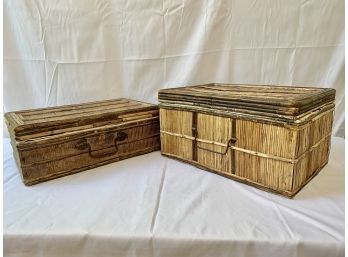 Pair Of Rattan And Bamboo Boxes With Fabric Interiors And Metal Hardware