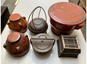 Collection Of 6 Chinese Covered Boxes - 2 Woven Rattan And 4 Wood
