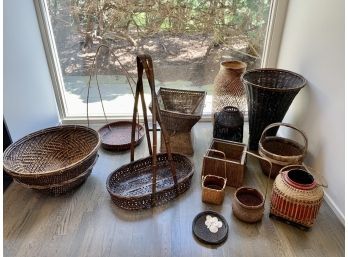 Collection Of 12 Antique Rattan Baskets - Asian Inspired
