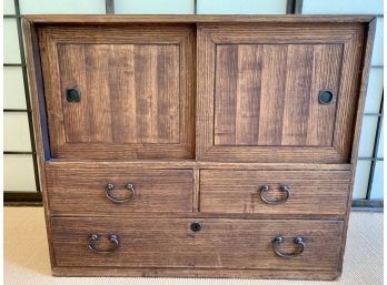 Small Wood Tonsu Chest With 2 Doors And 3 Drawers With Metal Hardware