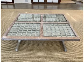 Antique Distressed Chinese Wood Coffee Table With Glass Inserts