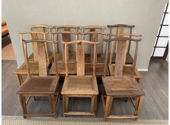 Set Of 11 Antique Chinese Ming Wood Dining Chairs - Yoke High Back With Cushions
