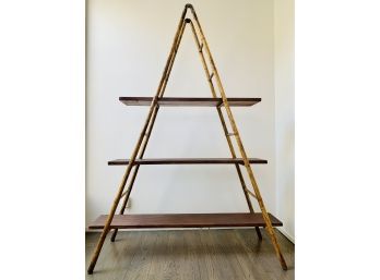 Chinese Bamboo And Wood Pyramid With 3 Wood Shelves