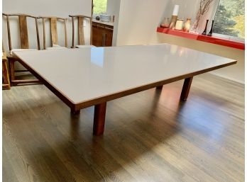 Silestone Rectangular Dining Table With Wood Trim And Wood Base