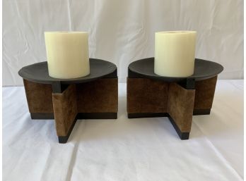 Pair Of Wood And Leather Candleholders - Made In Honduras