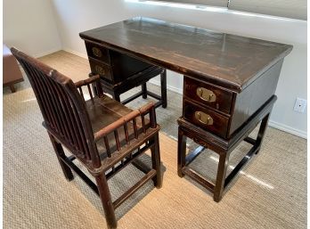 Antique Chinese Desk On Stand - 5 Pieces - With Straight Back Chinese Zitan Wood Chair