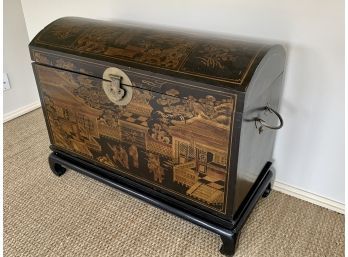 Painted Chinese Trunk With Domed Top With Metal Hardware On Chinese Stand
