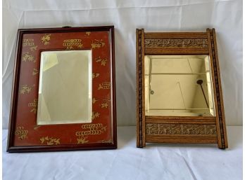 Pair Of 2 Small Hanging Mirrors - 1 Carved Wood, 1 Red Painted Asian