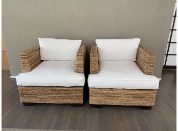 Pair Of Modern Rattan Arm Chairs With White Cushions
