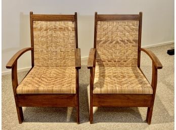 Pair Of Woven Rattan And Wood Chairs