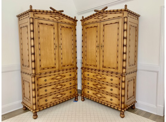 Pair Of Faux Bamboo Cabinets With 2 Doors And 3 Drawers