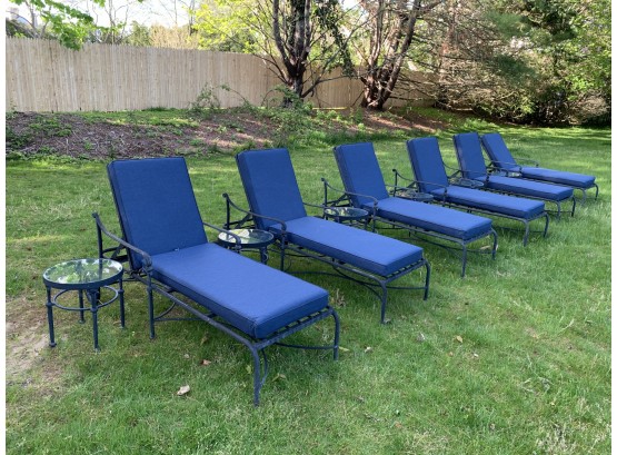 Set Of 6 Kettler Wrought Iron Lounge Chairs With 6 Kettler Round Wrought Iron Side Tables With Glass Tops