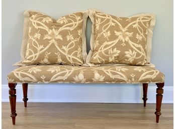 Custom Fabric Bench With Turned Dark Wood Legs - Tan And Sand - With 2 Matching Throw Pillows