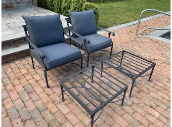 Pair Of Kettler Wrought Iron Armchairs With Navy Cushions And Ottomans (no Cushions)