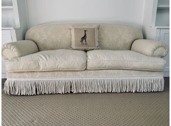 Pair Of Custom Fabric Sofa And Loveseat - Cream Damask With Cream Binding And Fringe - Rolled Arms